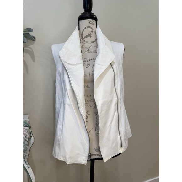 VINCE Asymmetric Leather Linen Moto Vest Sz L Cream Ivory White Zip MSRP $625 - Picture 1 of 11
